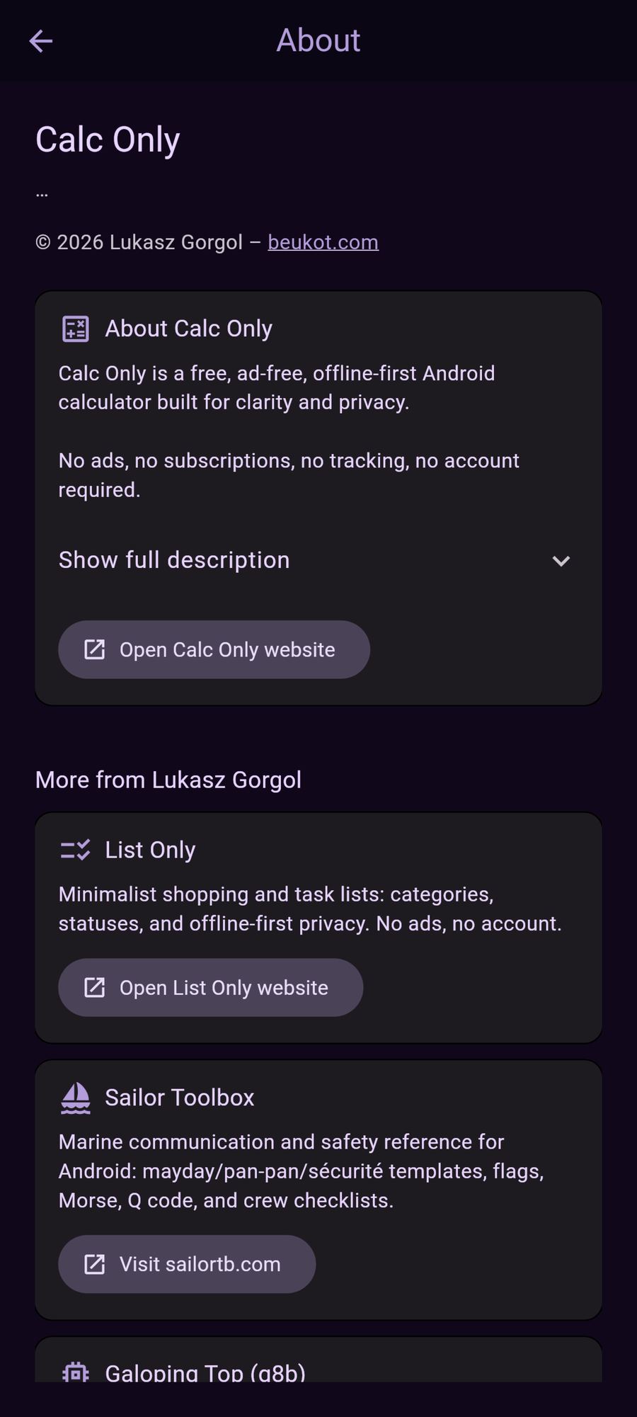 Calc Only Android app - about screen, dark Neon Grid