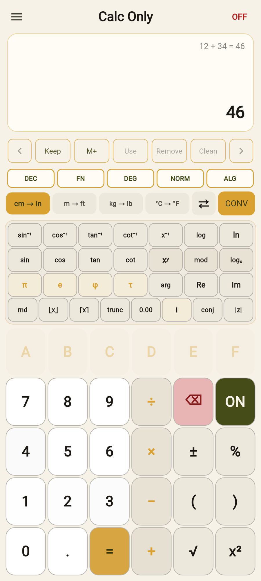 Calc Only Android app - basic math, light Classic Gold