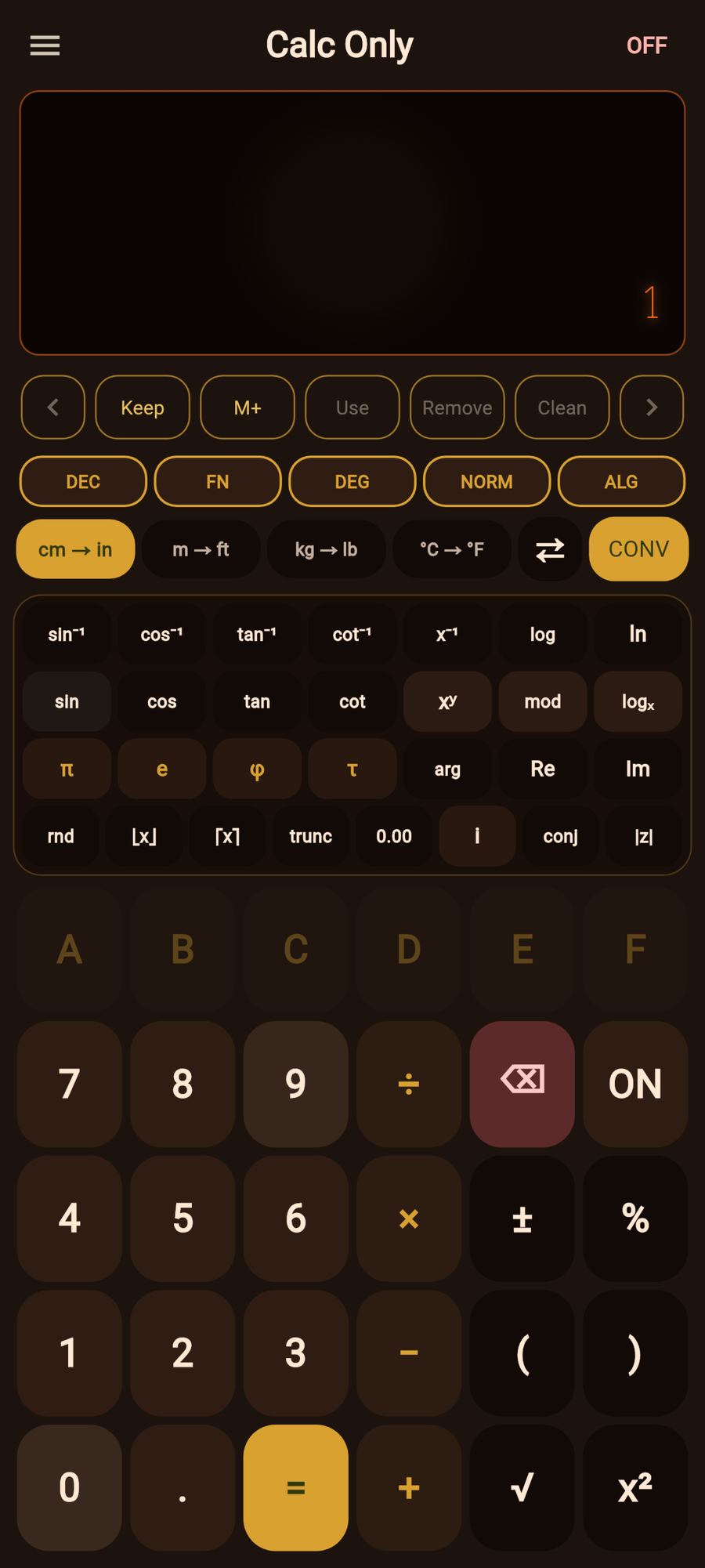 Calc Only Android app - everyday operations, dark Amber Tubes