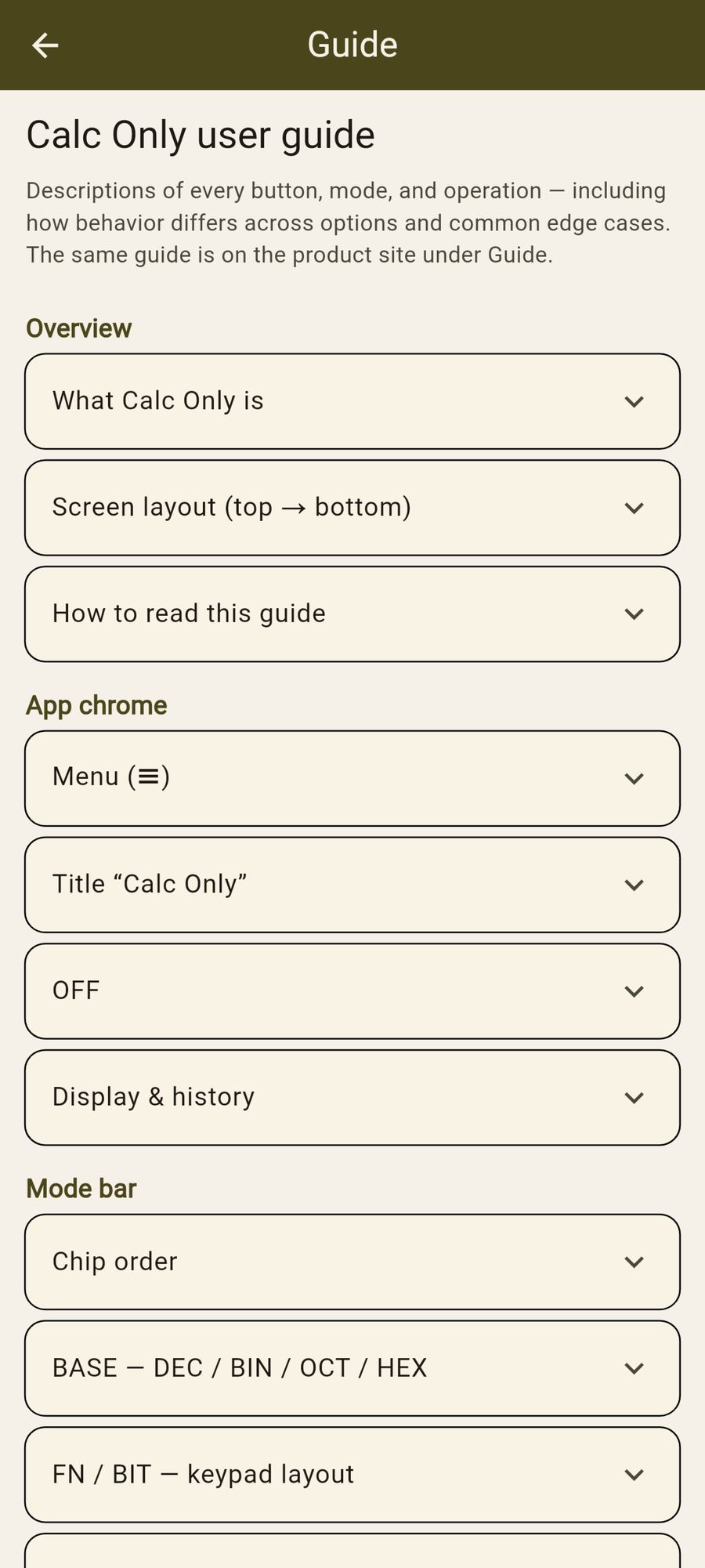 Calc Only Android app - user guide screen