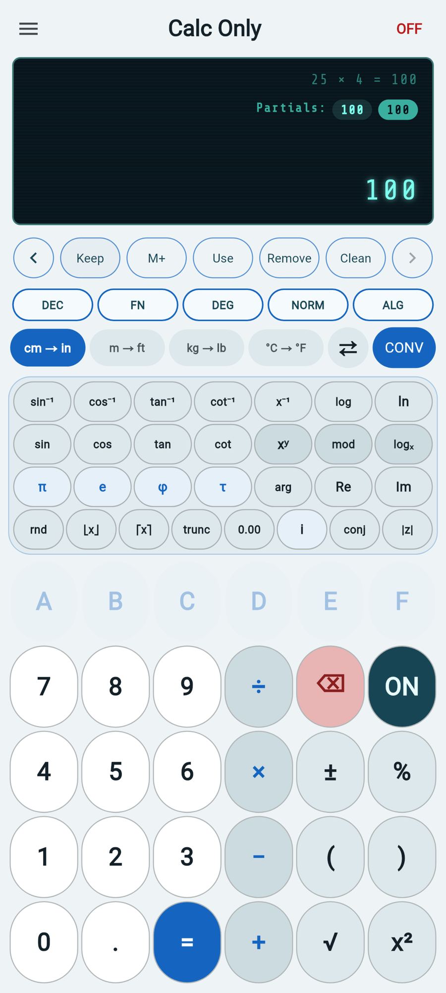 Calc Only Android app - partial results, Fluorescent Blue