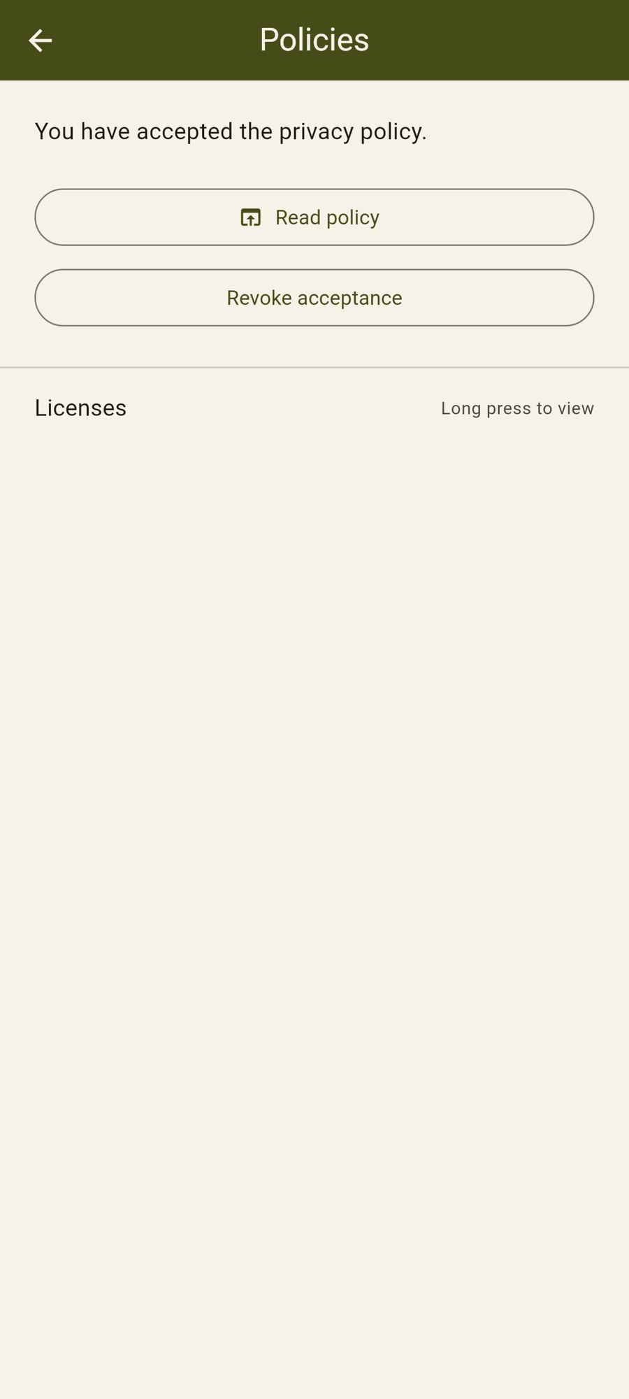 Calc Only Android app - policies screen