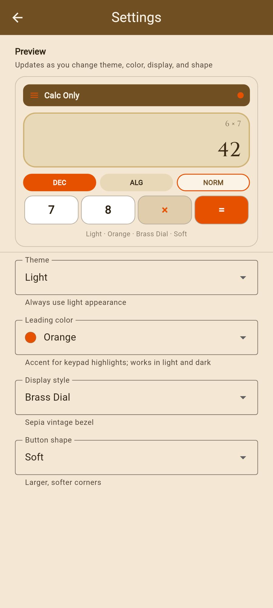Calc Only Android app - appearance settings with live preview