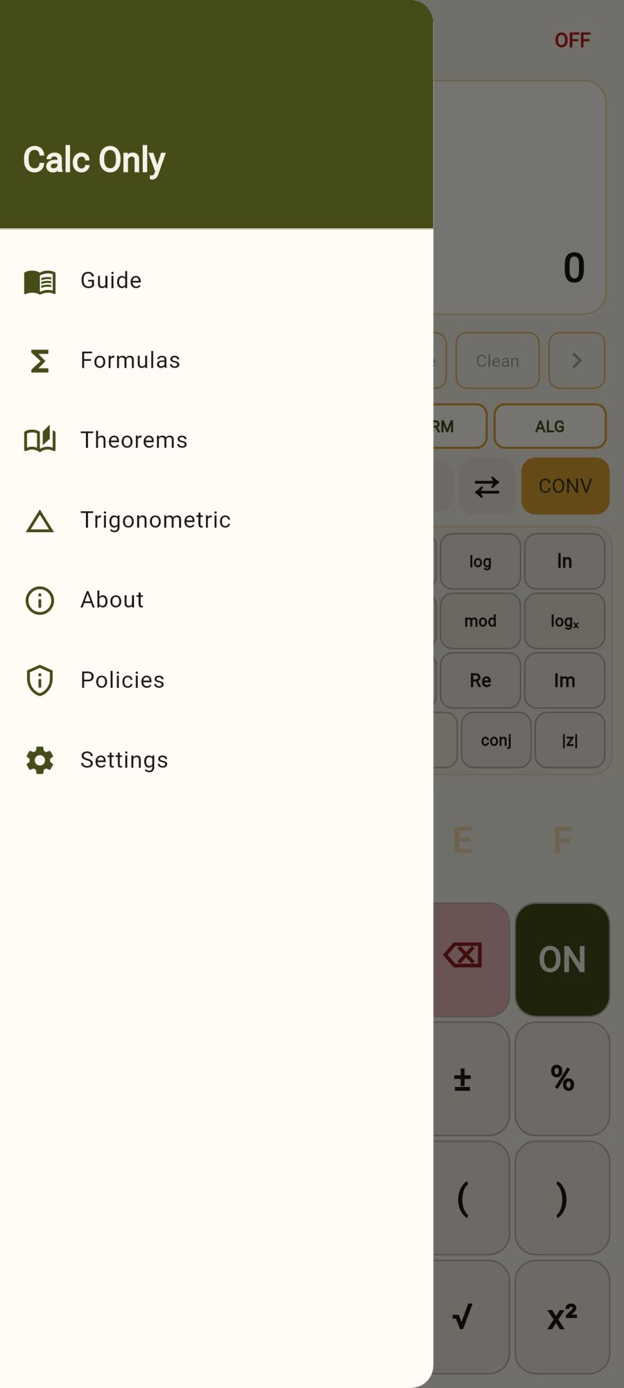 Calc Only Android app - menu drawer with Formulas Theorems Trigonometric