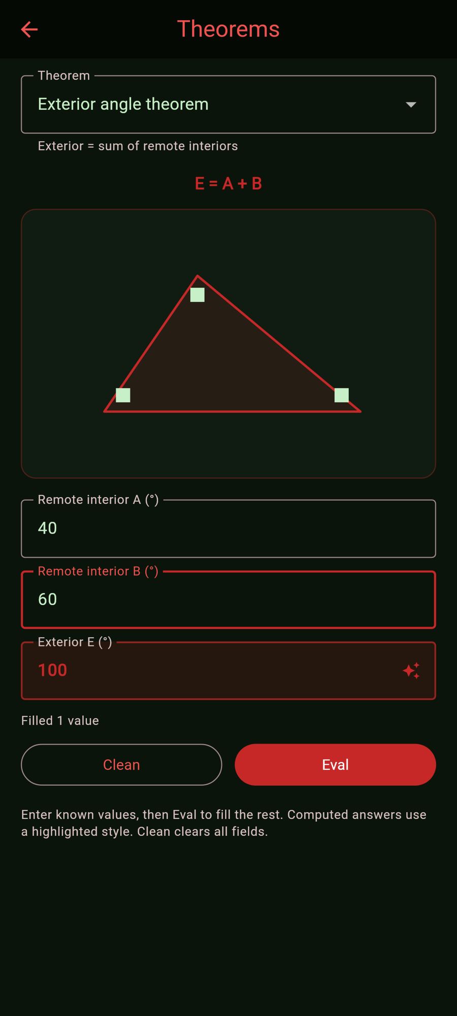 Calc Only Android app - Theorems screen