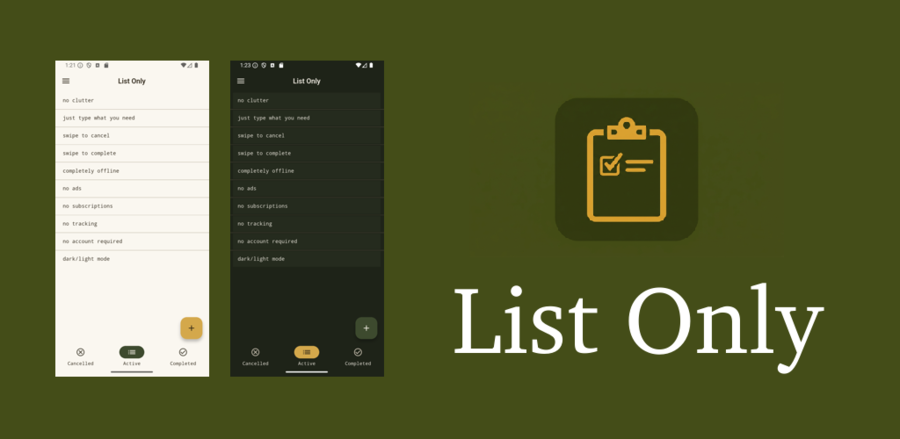 List Only Android app - minimalist offline todo app promotional hero screen