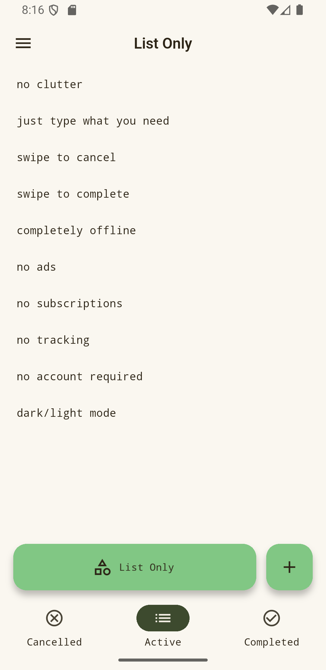 List Only Android app - active list screen
